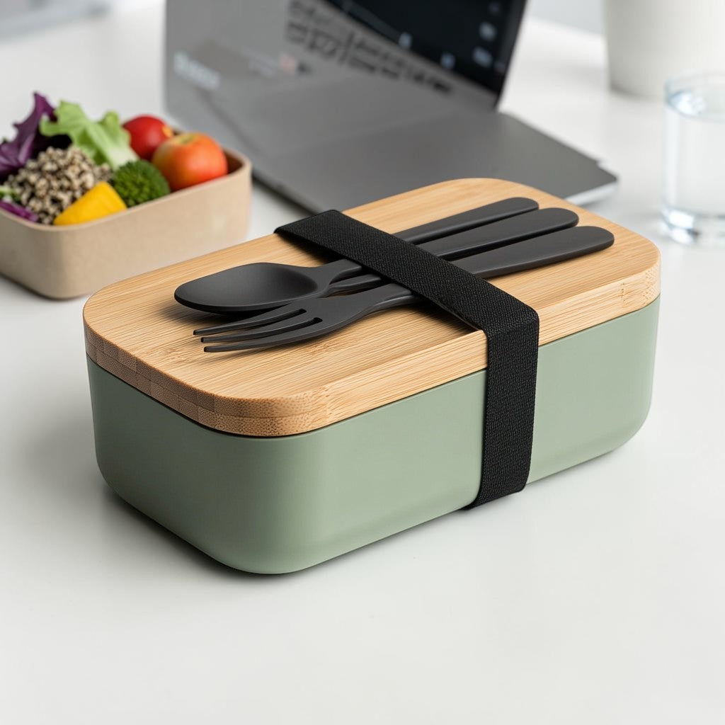 Vokey Leak-Proof Bento Lunch Box - Dual Layer Food Container with Bamboo Lid